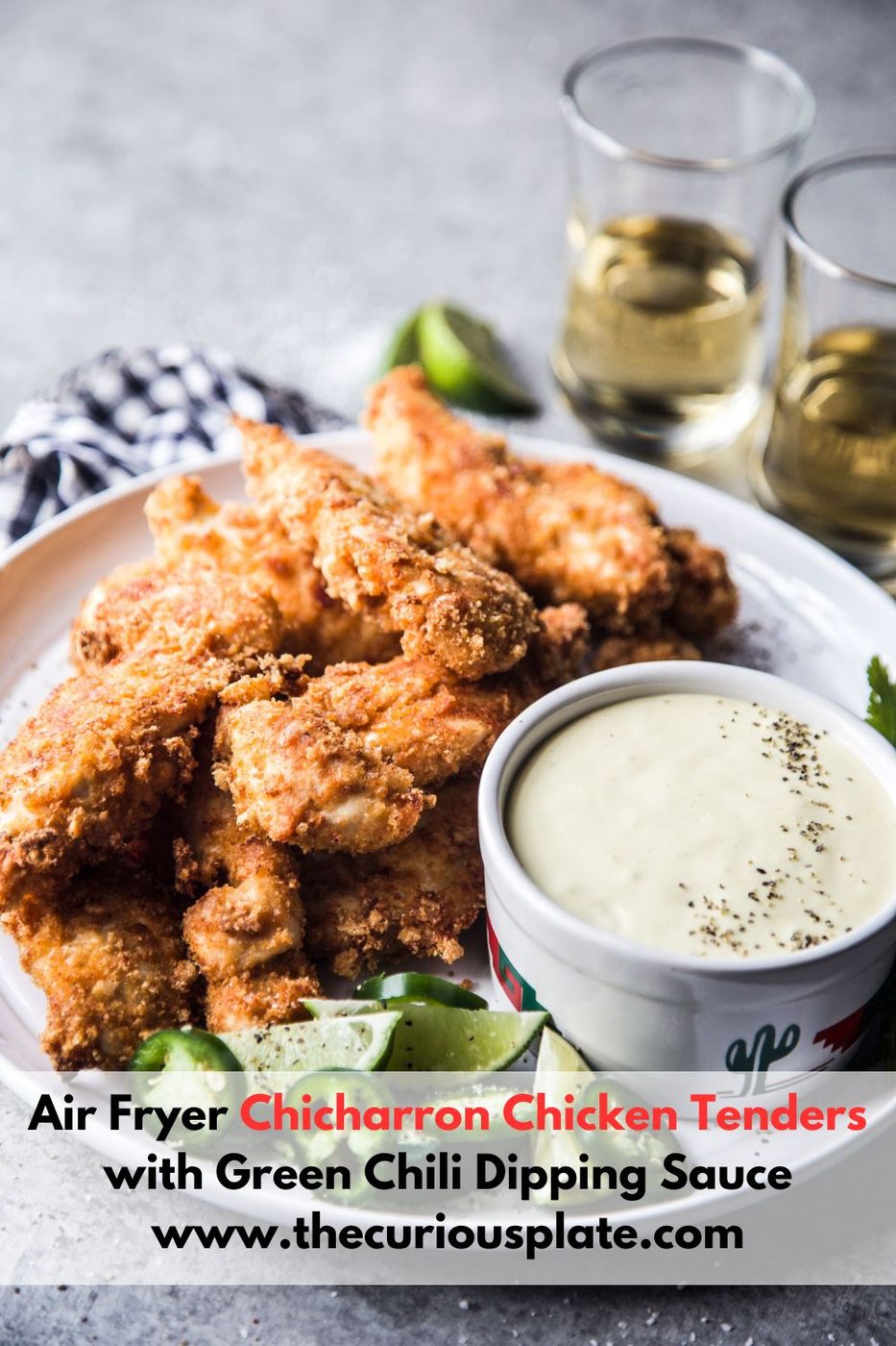 Air Fryer Chicharron Chicken Tenders with Green Chili Dipping Sauce