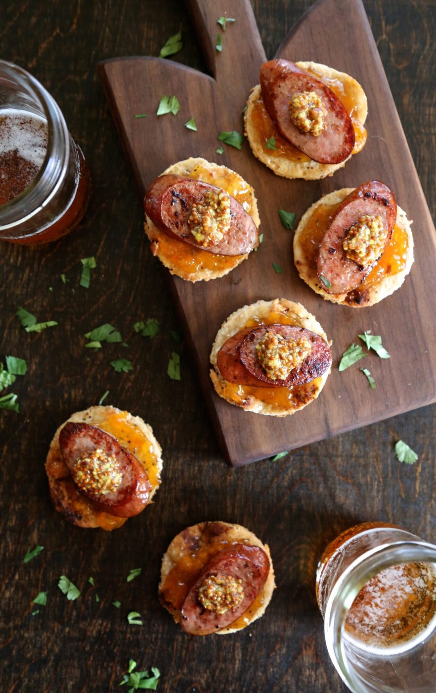 Andouille, apricot chutney, & whole grain mustard naan toasts