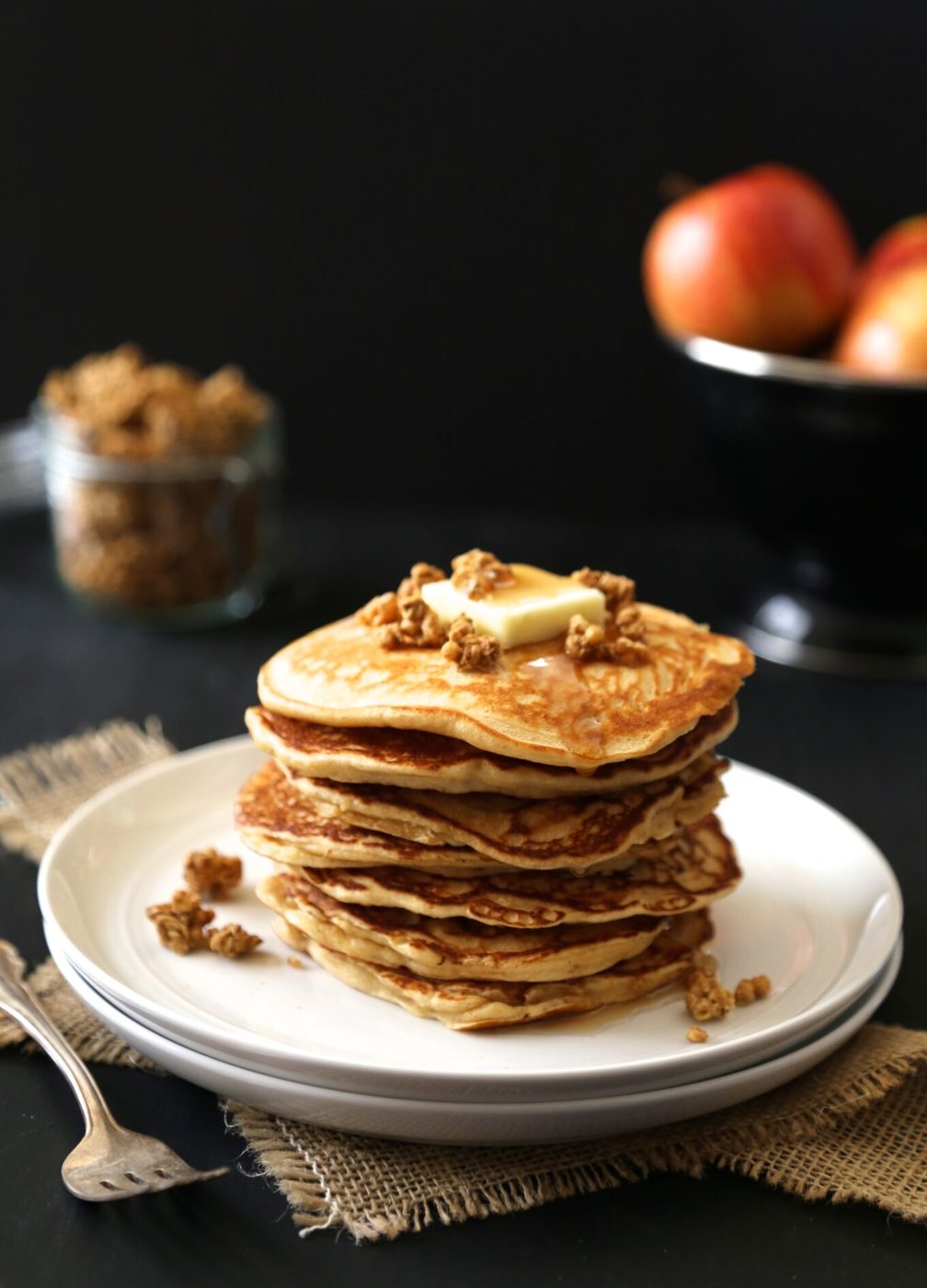 apple-gingersnap pancakes with apple crisp granola & maple syrup