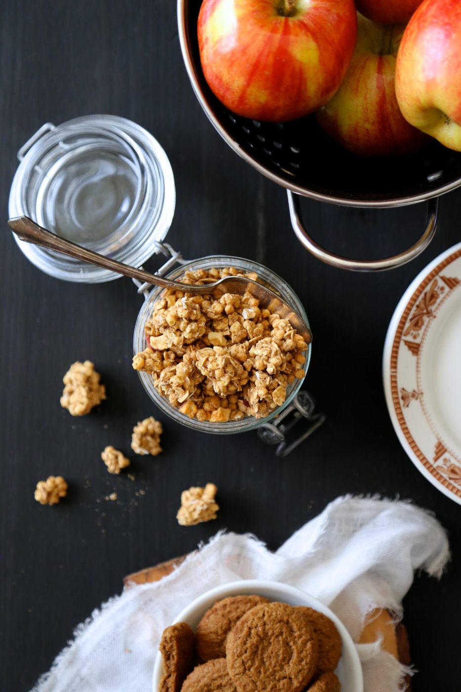 apple-gingersnap pancakes with apple crisp granola & maple syrup