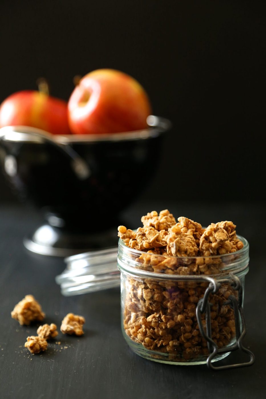 apple-gingersnap pancakes with apple crisp granola & maple syrup
