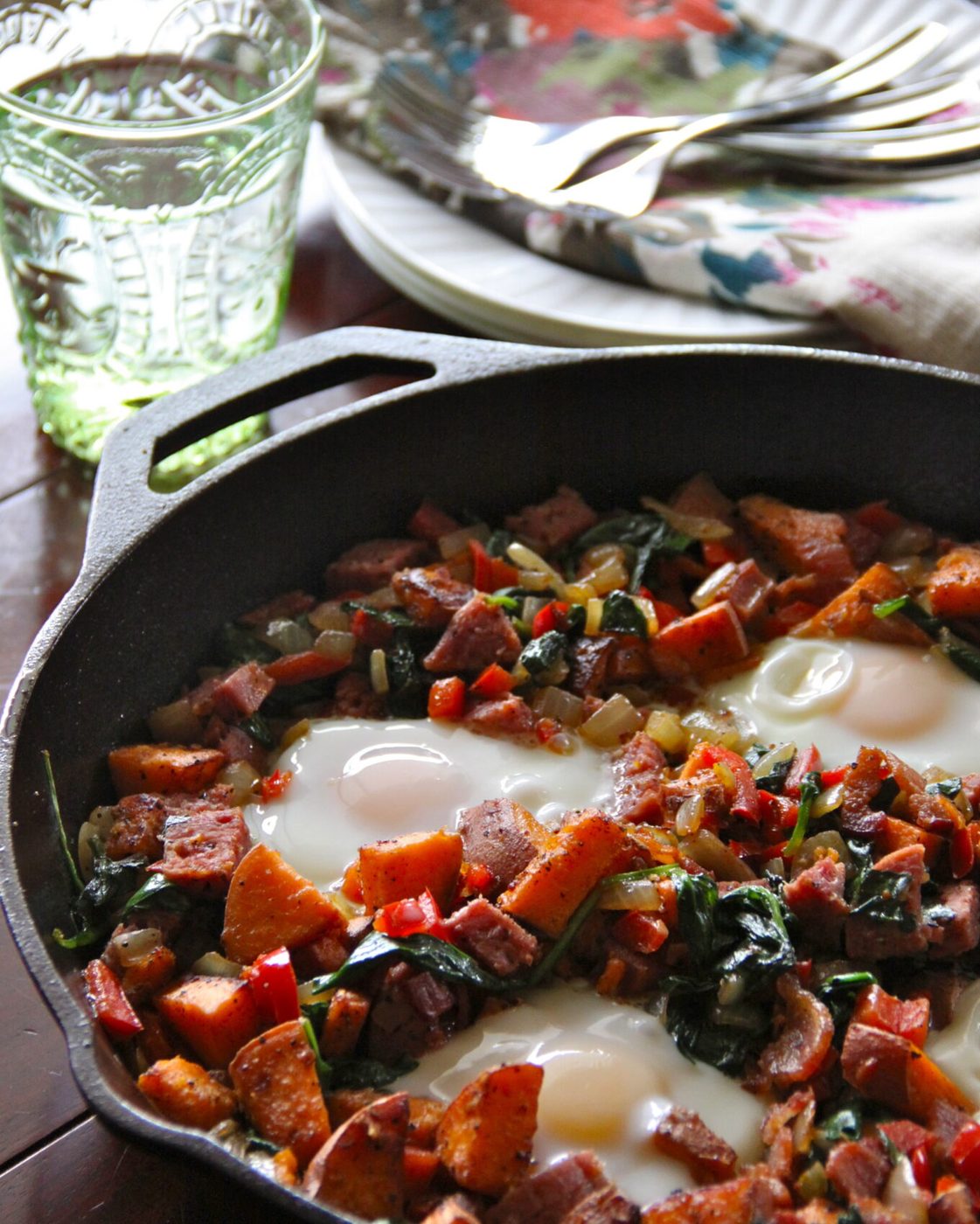 Bacon, salami, and sweet potato hash