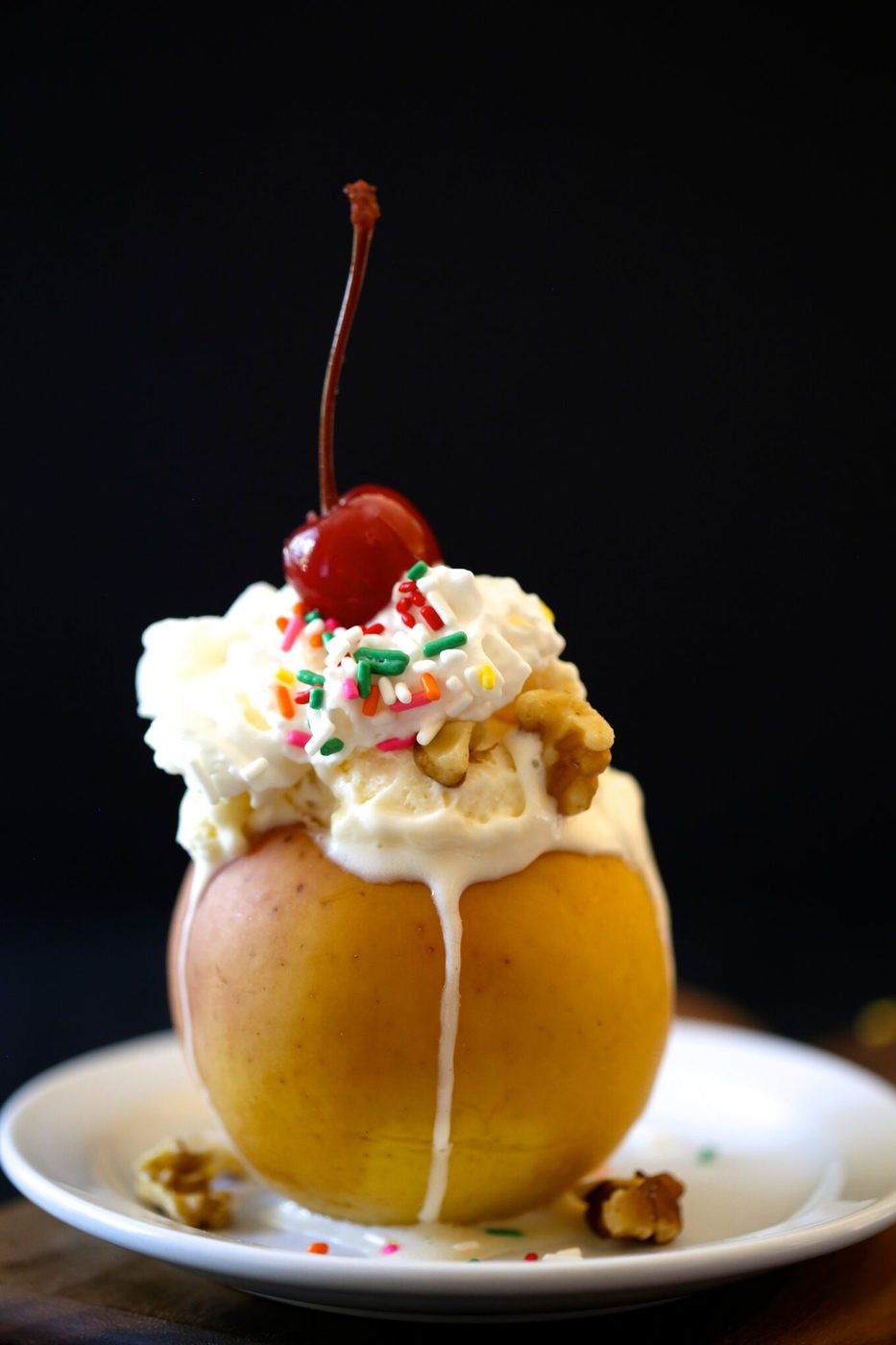 Baked apple sundaes, finished with candied walnuts & sprinkles