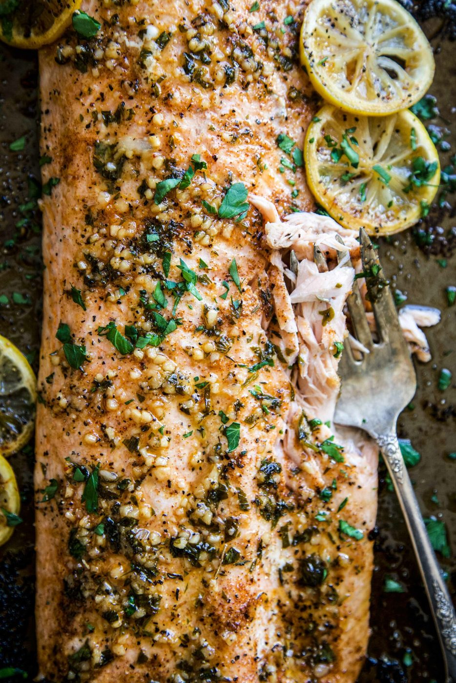 Parmesan Garlic Sauce on baked Cajun Salmon