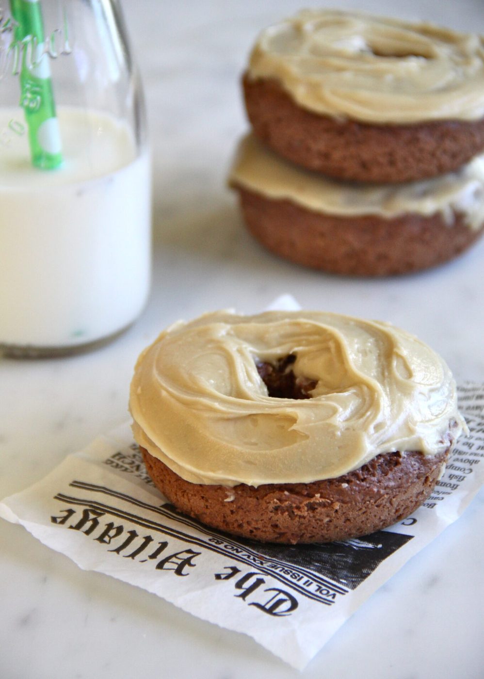 Baked chocolate doughnuts, finished with brown sugar icing