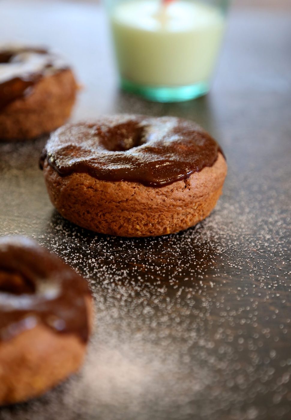 Baked chocolate doughnuts, finished with chocolate glaze & cherry kool aid powder