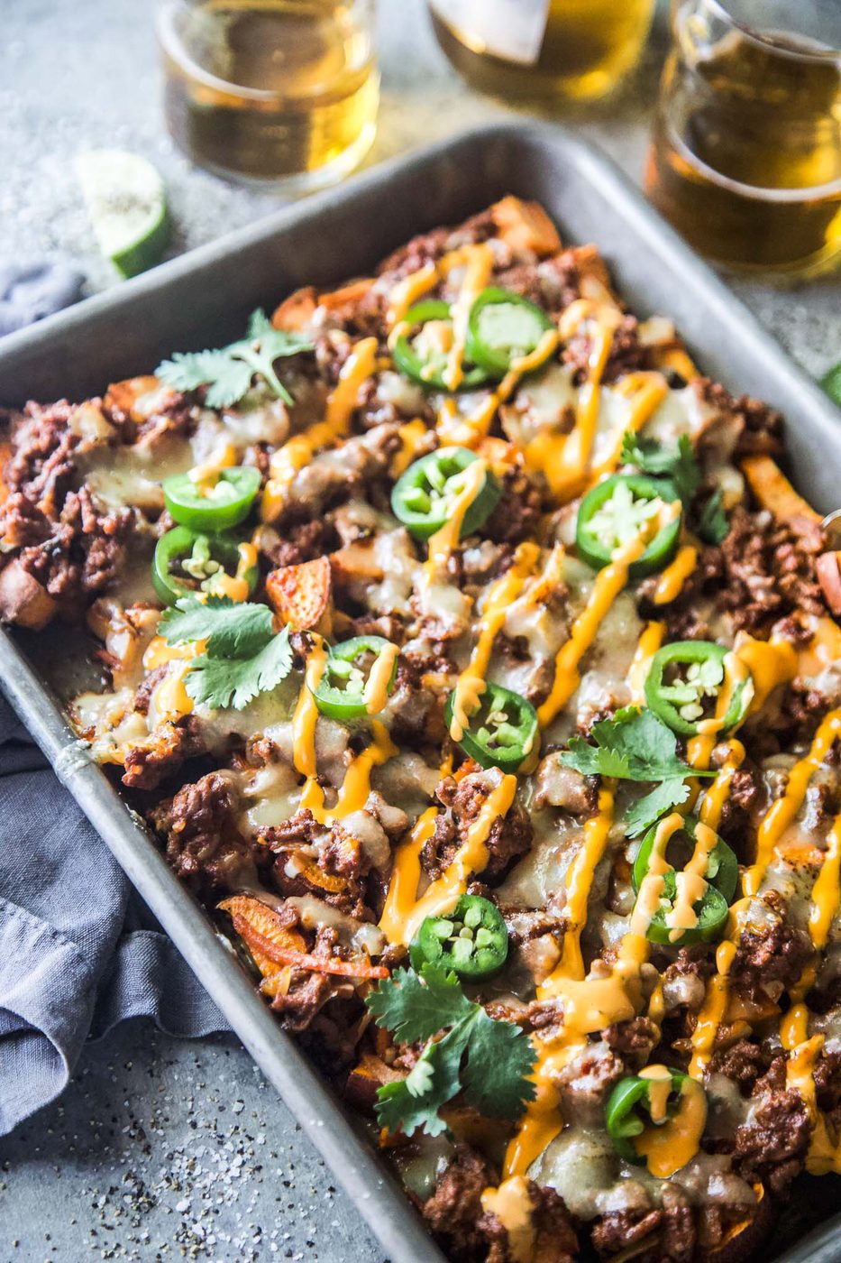 beef and kimchi sweet potato nachos