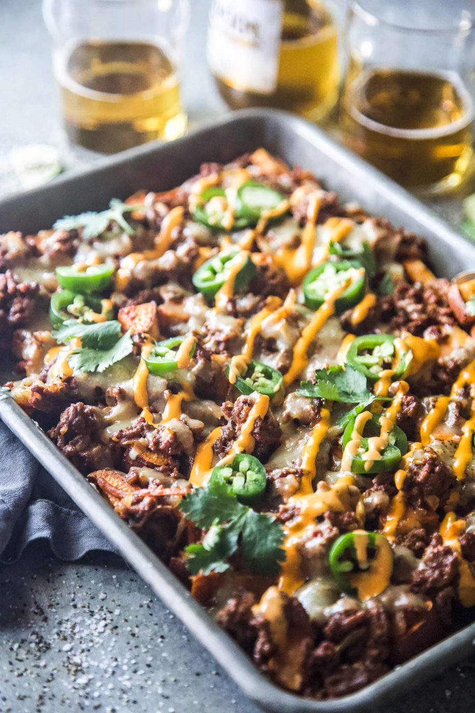 beef and kimchi sweet potato nachos.