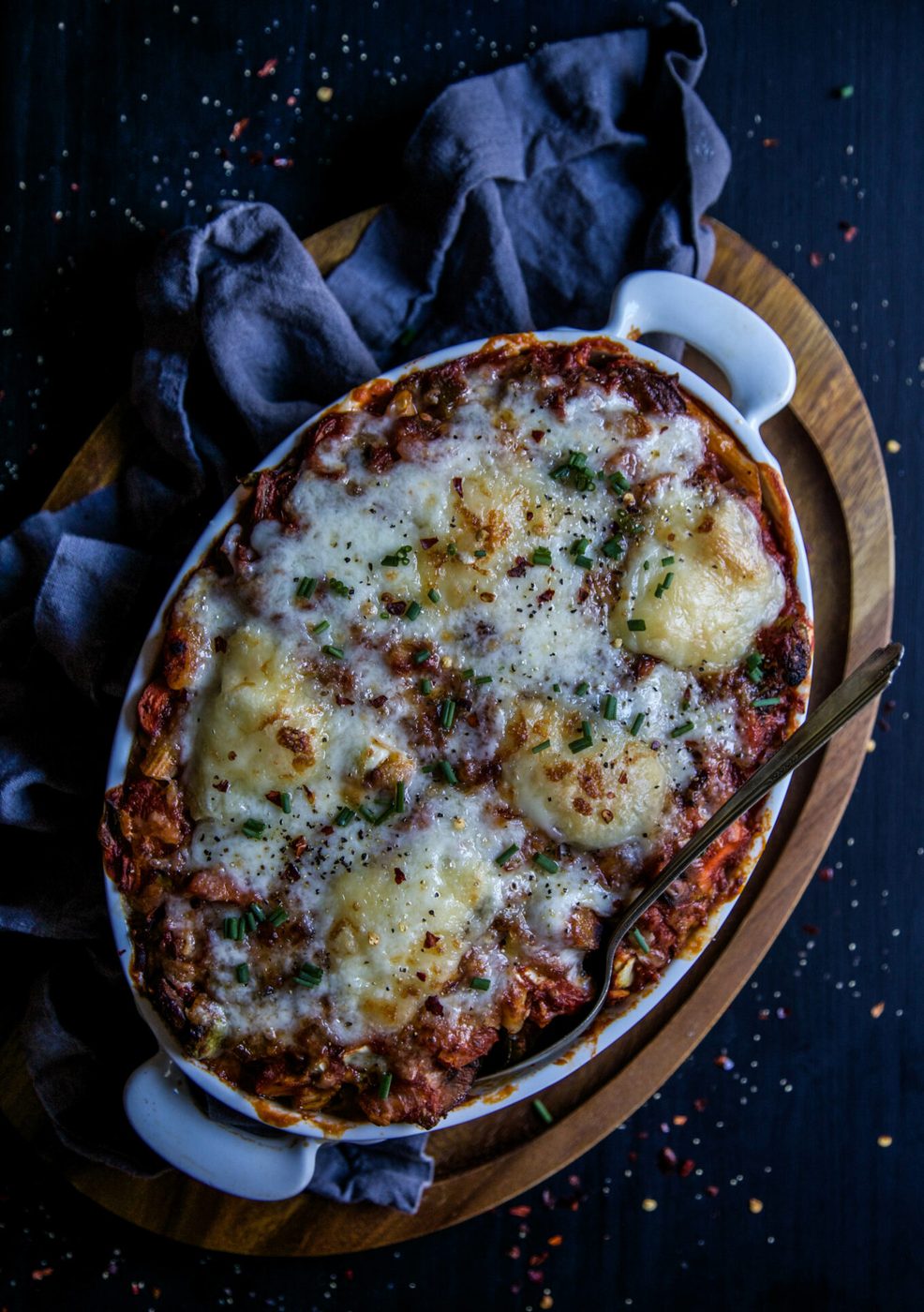 Melted Brie on butternut Squash Bolognese Pasta Bake