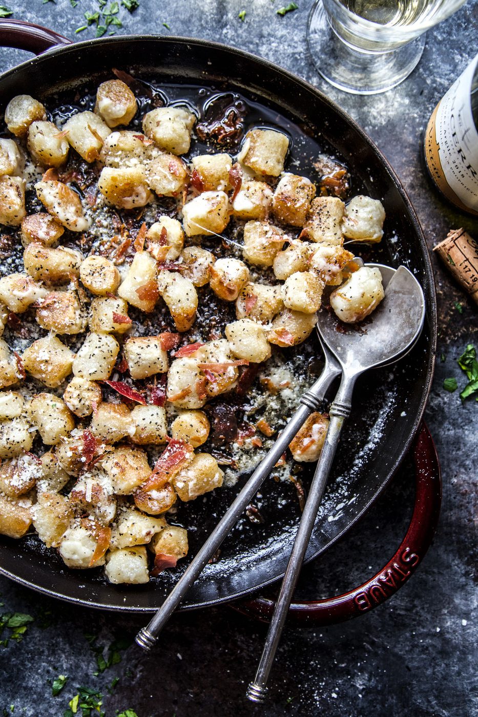 Crispy Prosciutto on cacio e Pepe Cauliflower Gnocchi