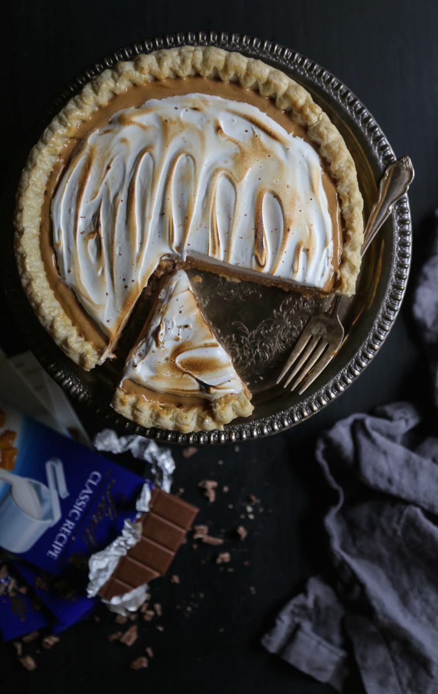 Caramel & sea salt whiskey silk pie, finished with toasted marshmallow