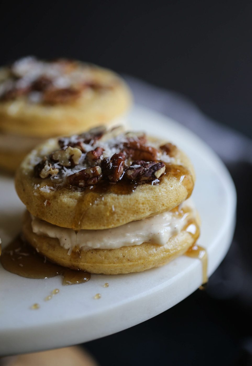 Carrot cake waffle sandwiches, finished with cinnamon frosting