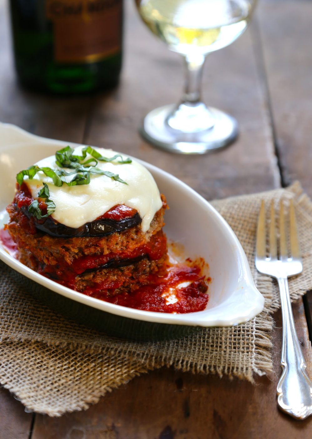 Grilled eggplant & fresh basil on cheesy meatloaf stacks
