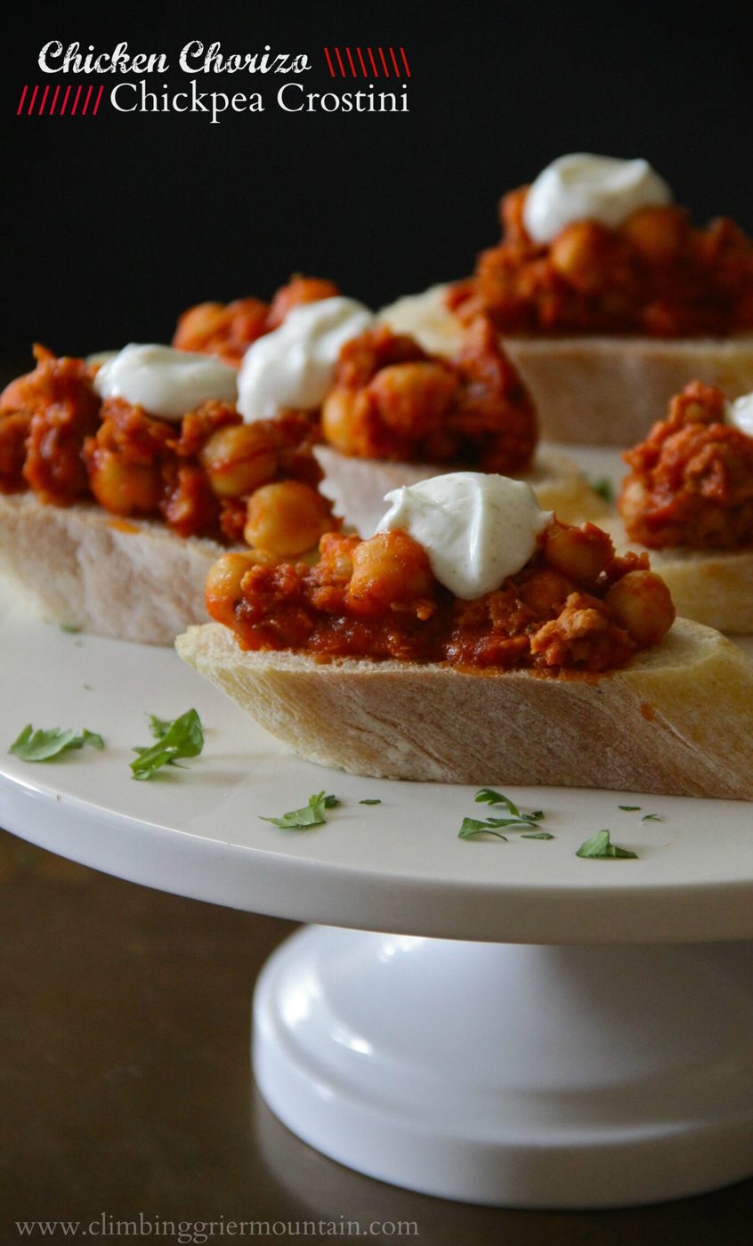 Spiced greek yogurt on chicken chorizo and chickpea crostini