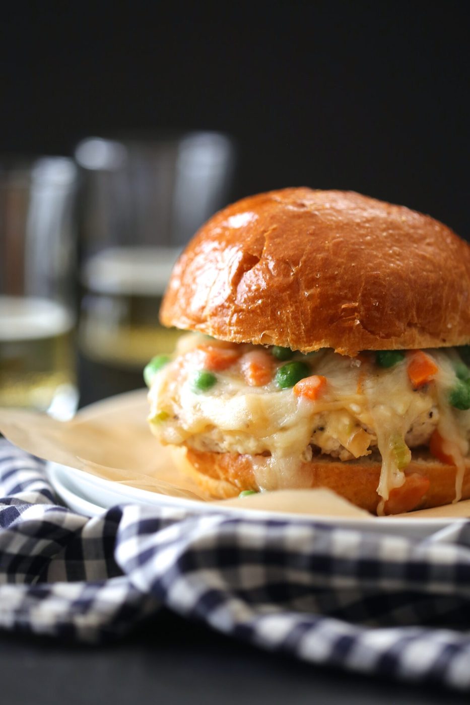 Chicken pot pie burger