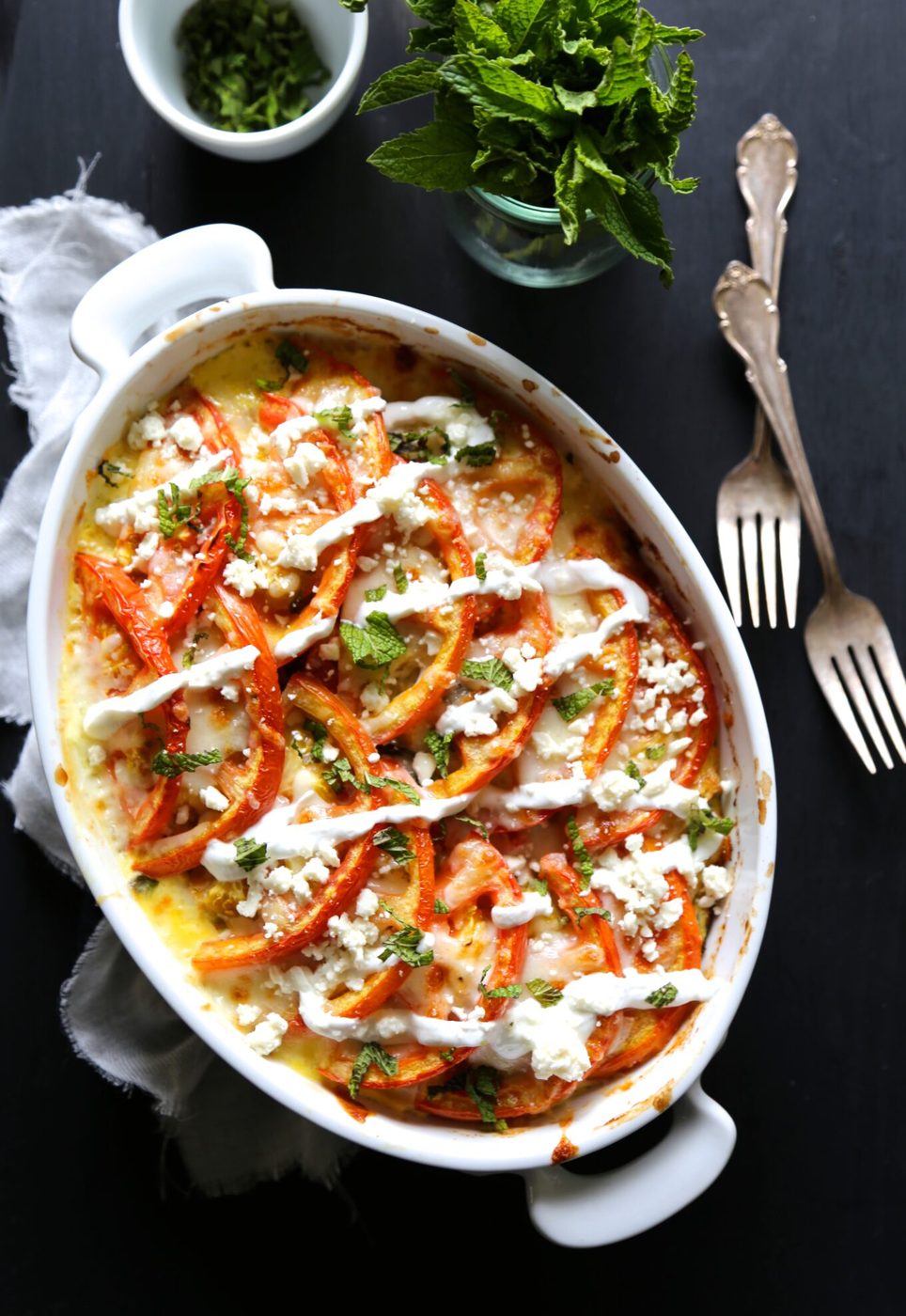 Chicken shawarma gratin, finished with jalapeno mint yogurt