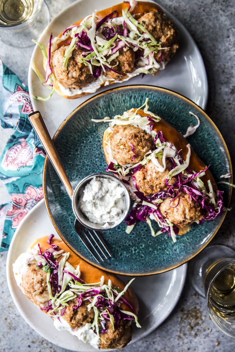 Za’atar Slaw on chicken Shawarma Meatball Subs