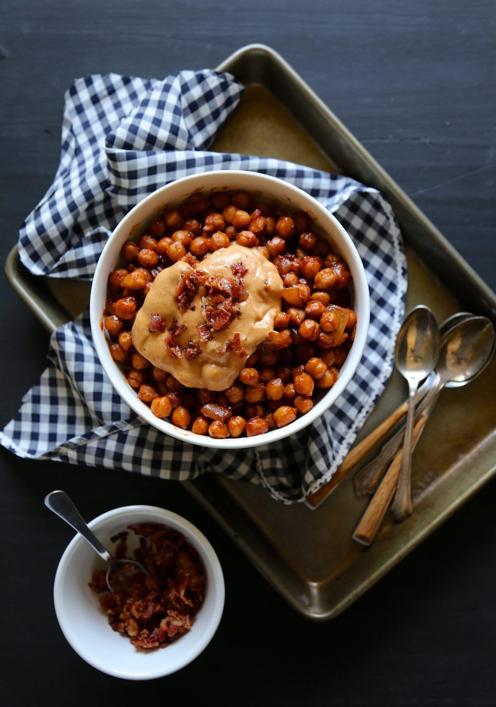 Barbecue bacon hummus on chickpea baked beans