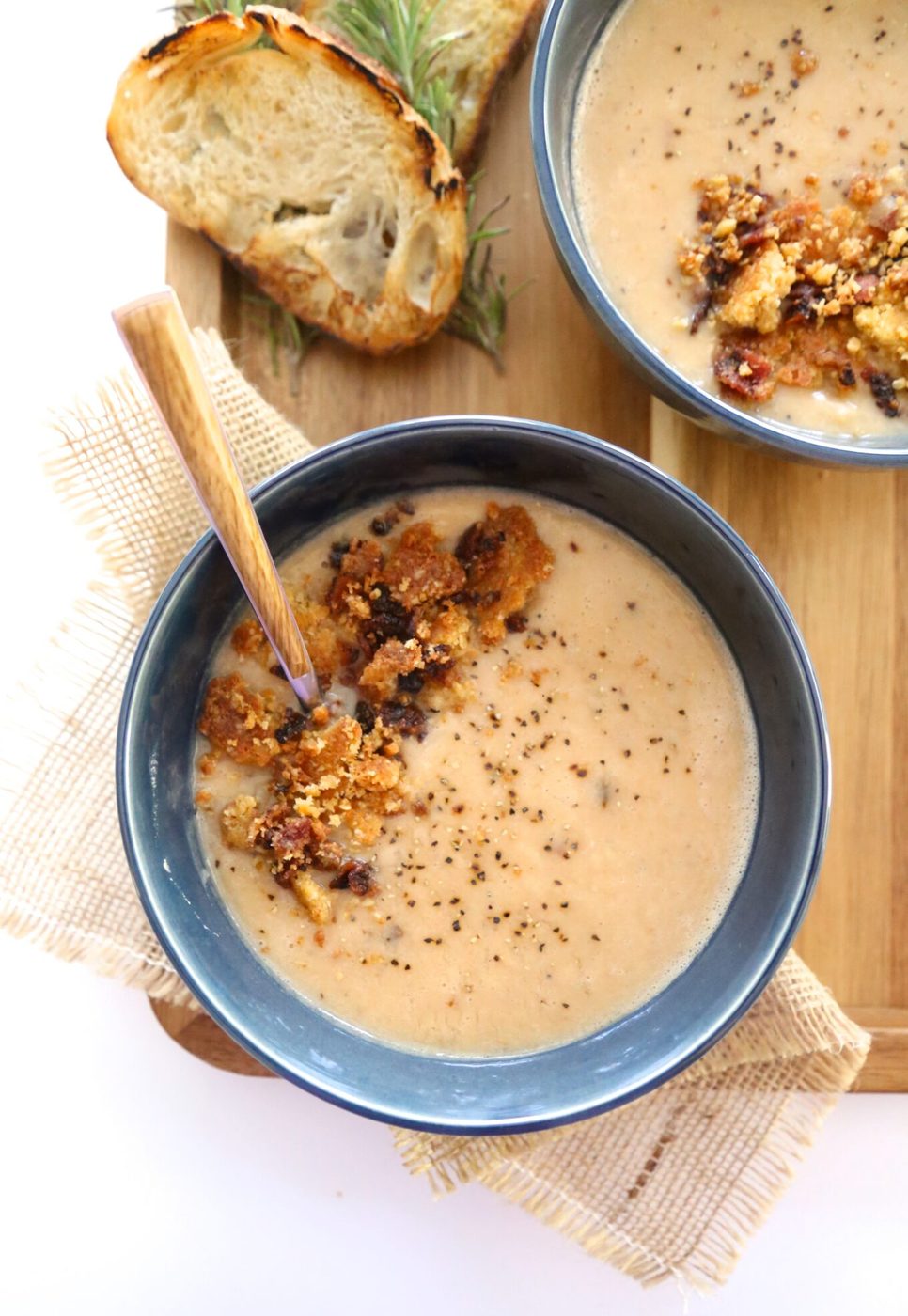 Jalapeño cheddar crumble on chipotle bacon white bean soup