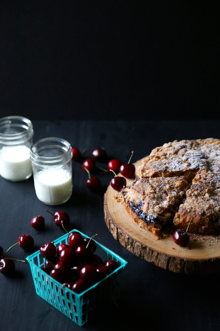 Chocolate oat streusel on chocolate cherry cake