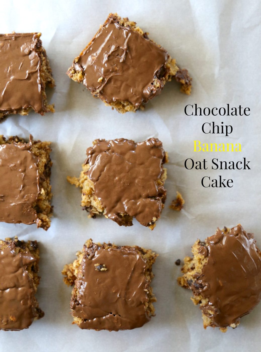 Chocolate chip banana oat snack cake, finished with peanut butter chocolate frosting