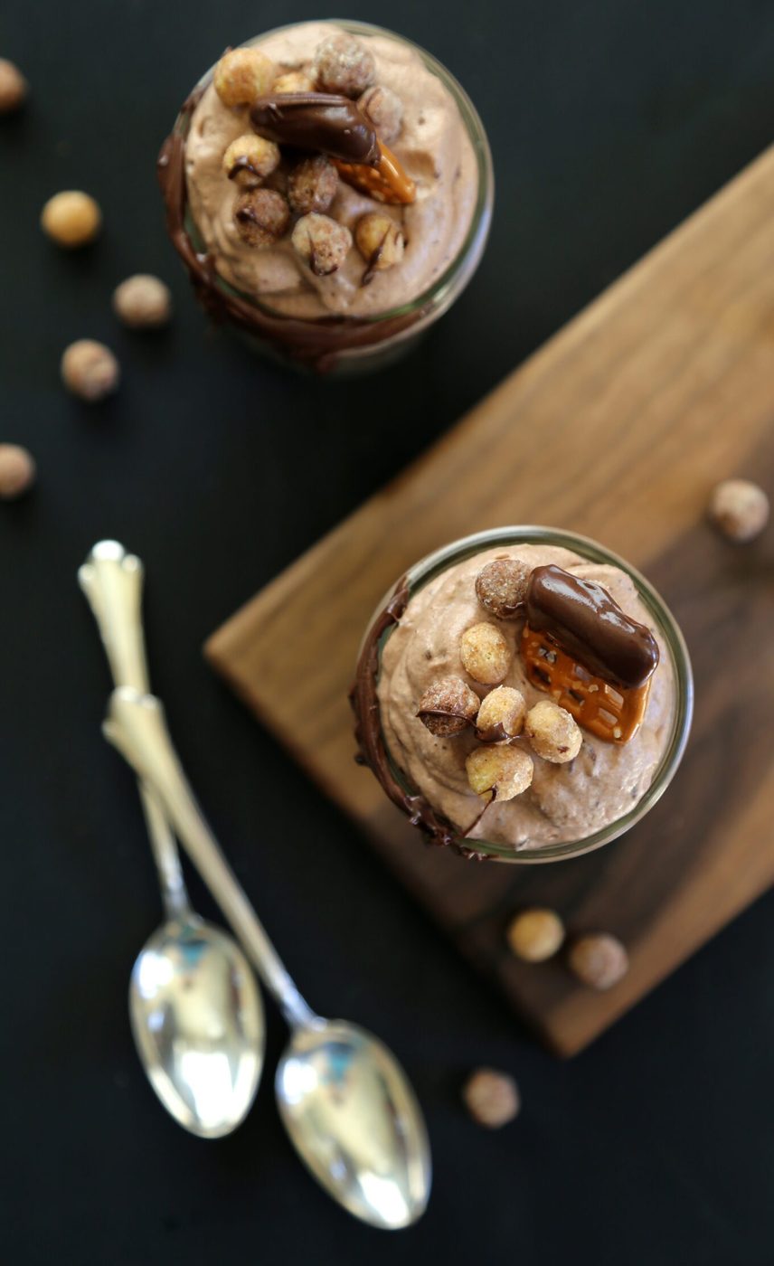 chocolate mousse parfaits with reese's puffs & chocolate covered pretzels www.climbinggriermountain.com