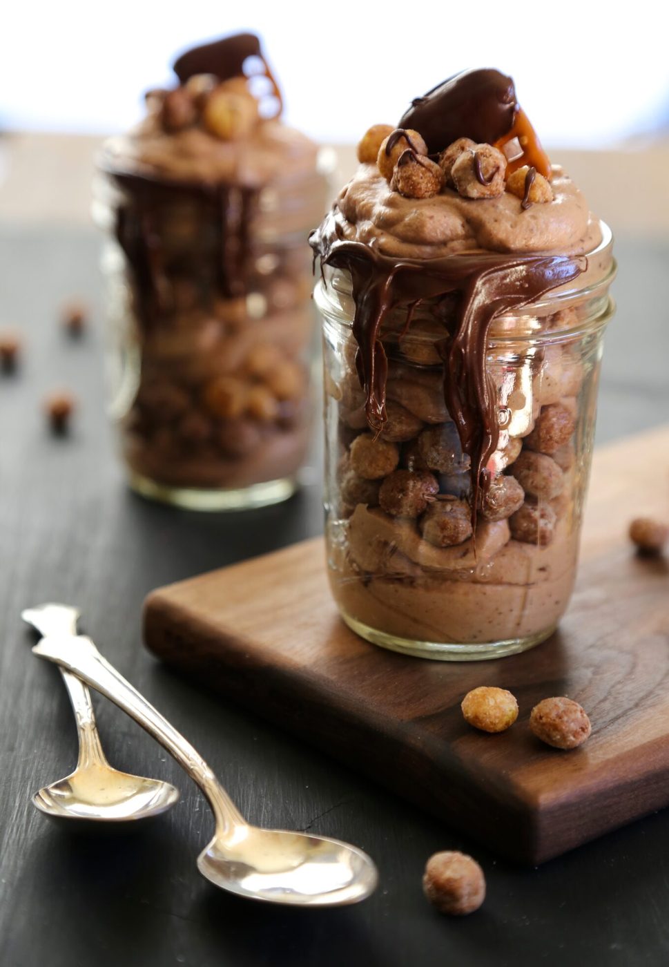 Reese’s puffs & chocolate covered pretzels on chocolate mousse parfaits