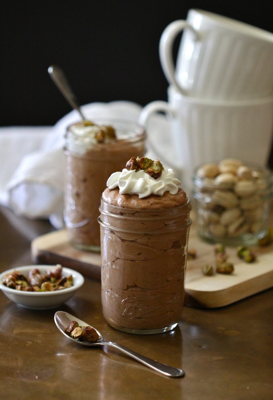 Candied pistachios on chocolate mousse