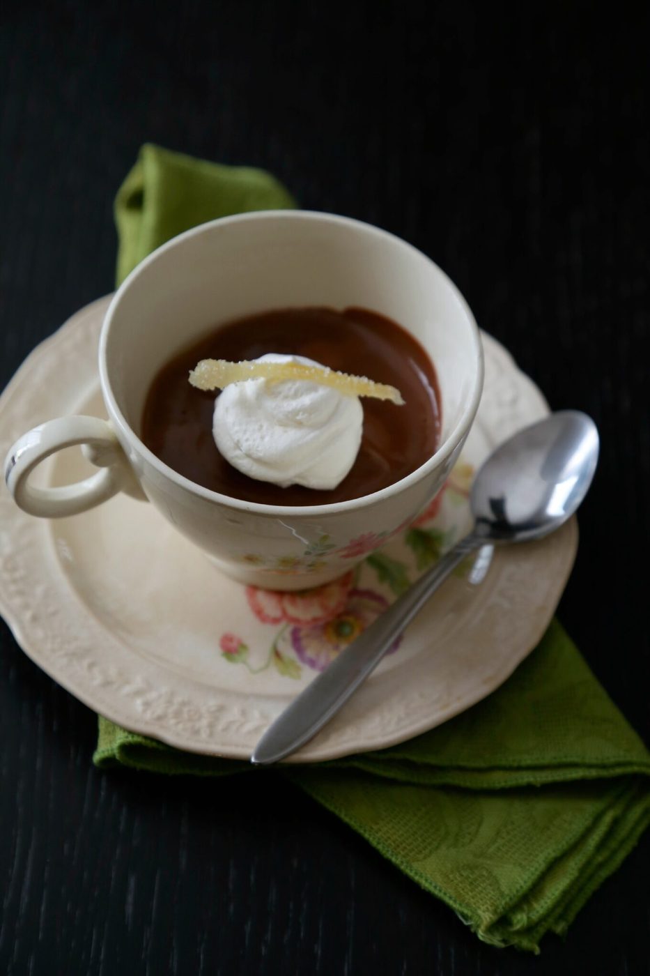 Chocolate pudding, finished with marshmallow frosting & candied ginger