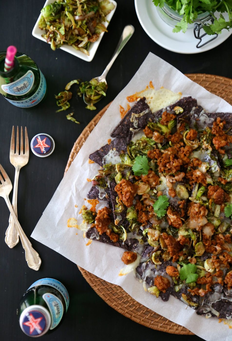 chorizo and balsamic brussels nachos