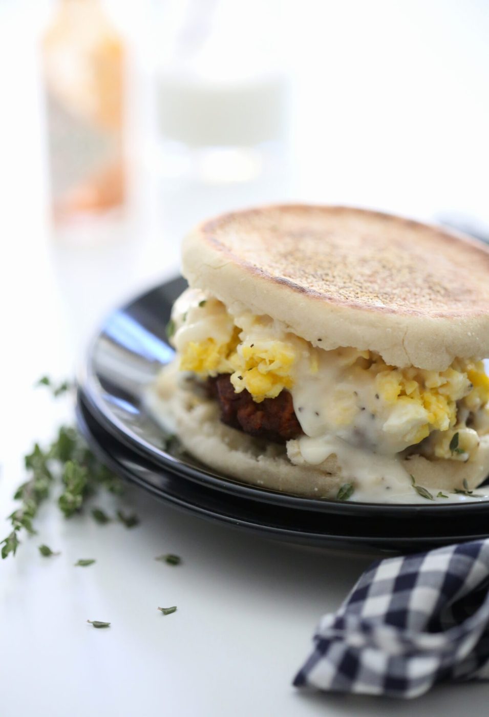 Gravy on chorizo sausage egg breakfast sandwich