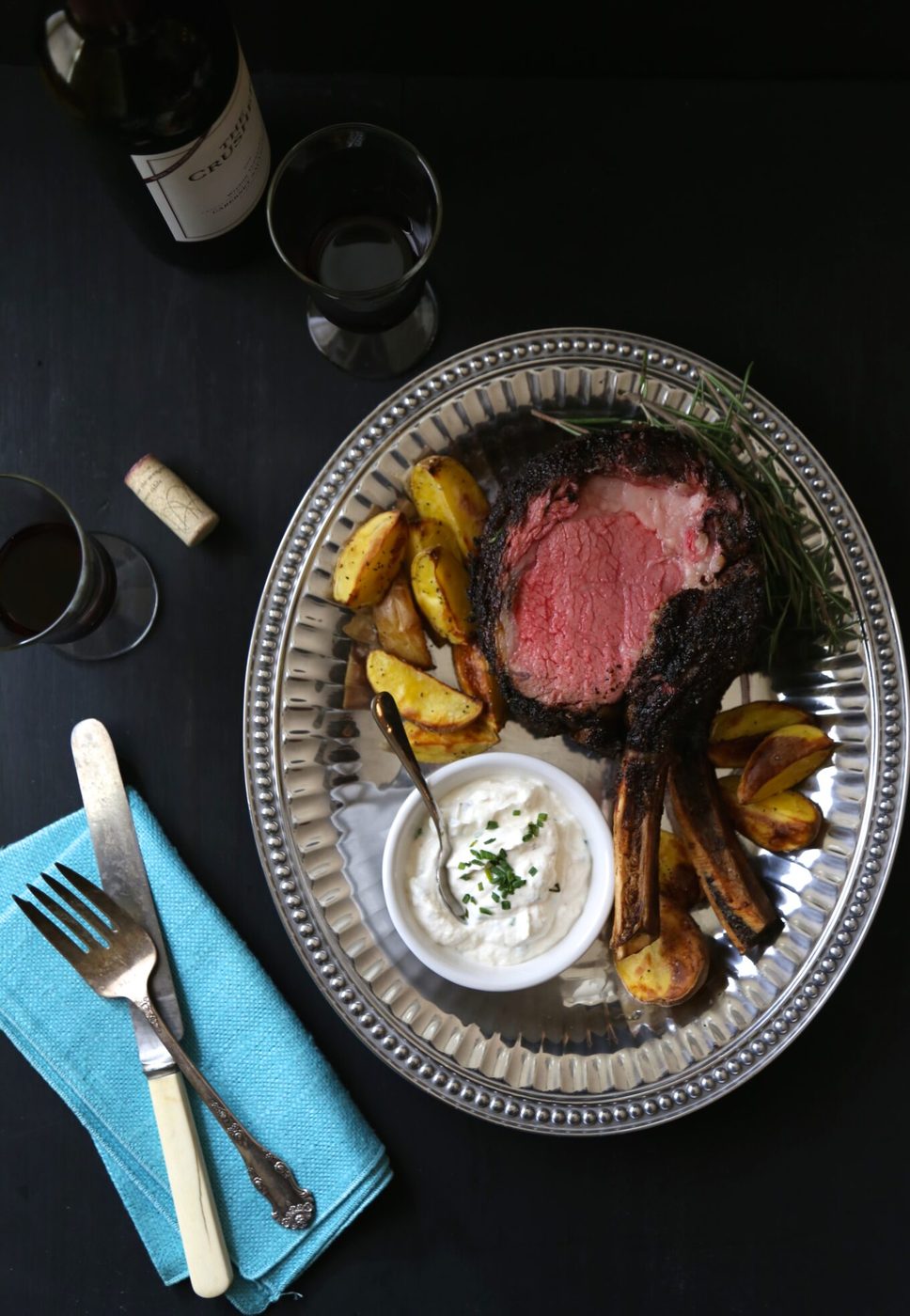 Coffee-rubbed prime rib, finished with simple horseradish sauce