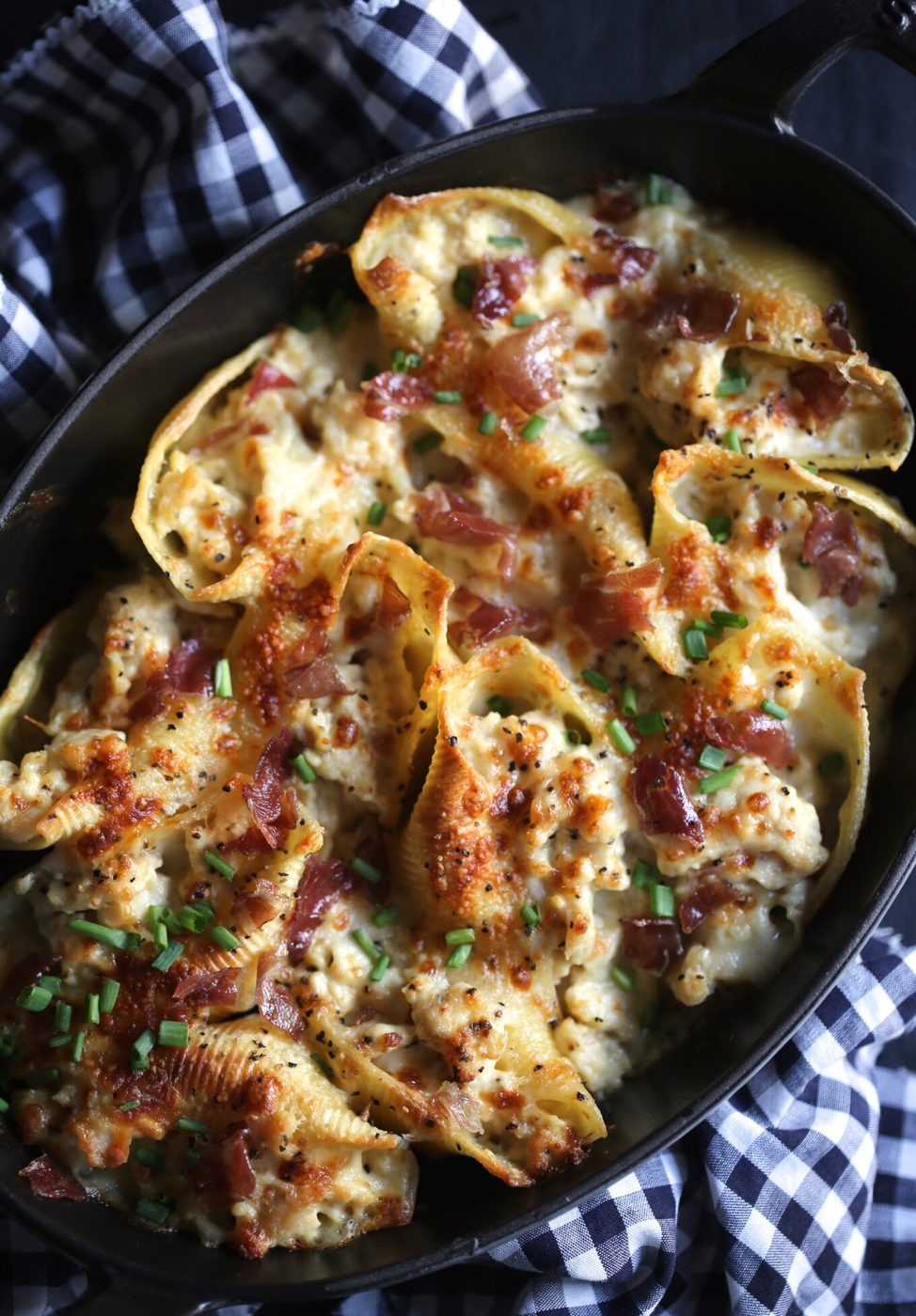 Cordon bleu stuffed shells, finished with crispy prosciutto