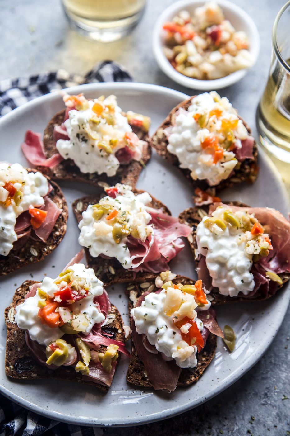 Cottage Cheese Cracker Bites, finished with Prosciutto & Giardiniera