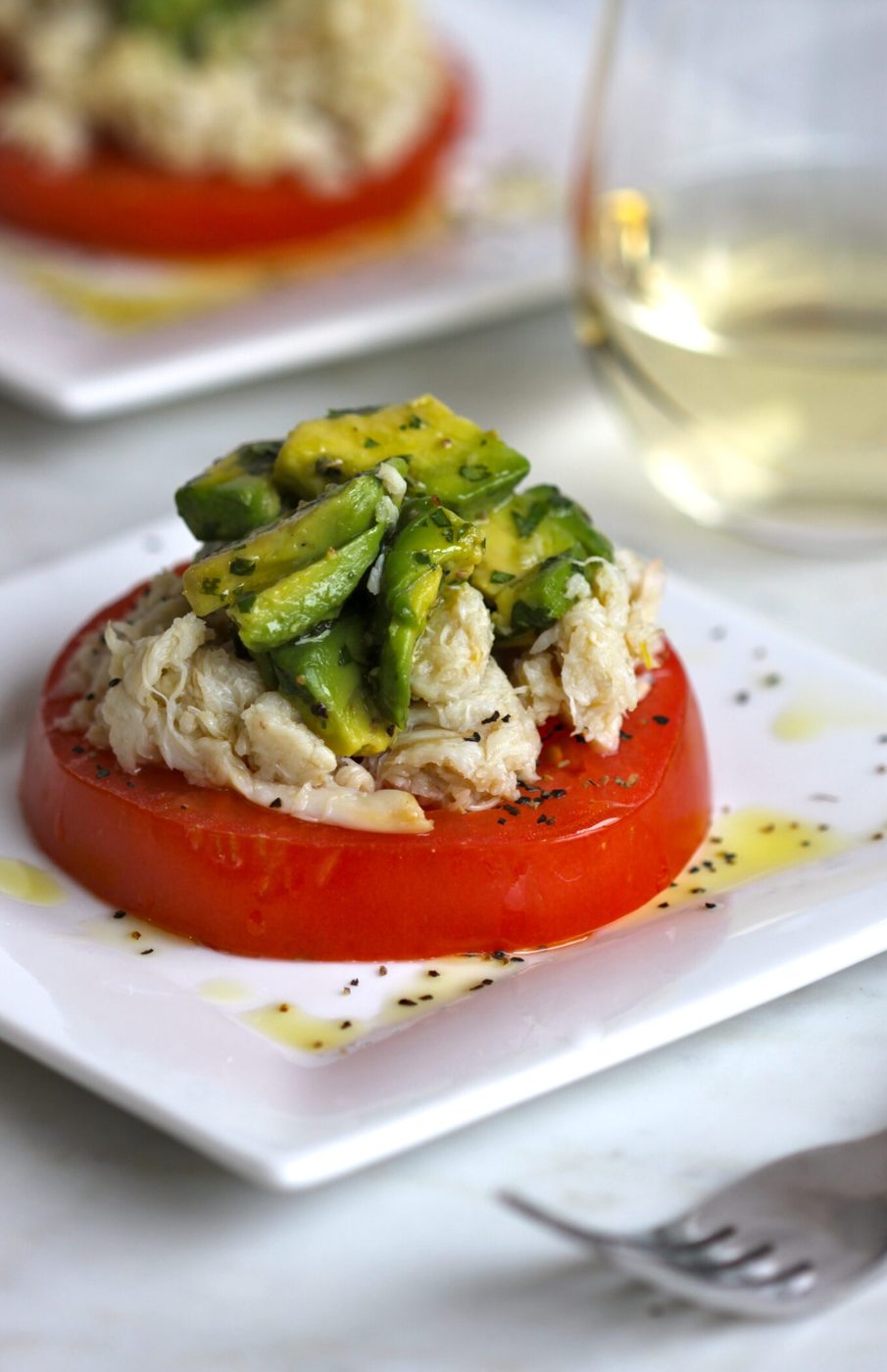 Crab and tomato salad, finished with jalapeno avocado dressing