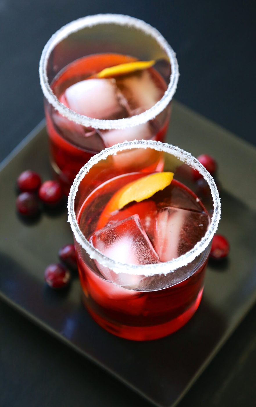 Cranberry bourbon negroni, finished with sugared rim