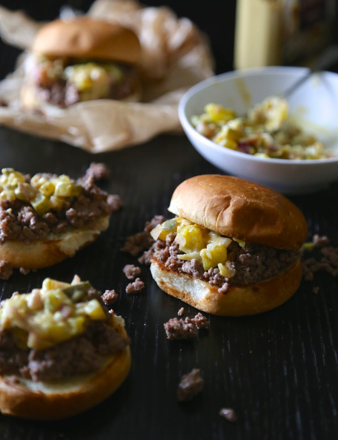 Dijon shallot relish on crumbly burger sliders