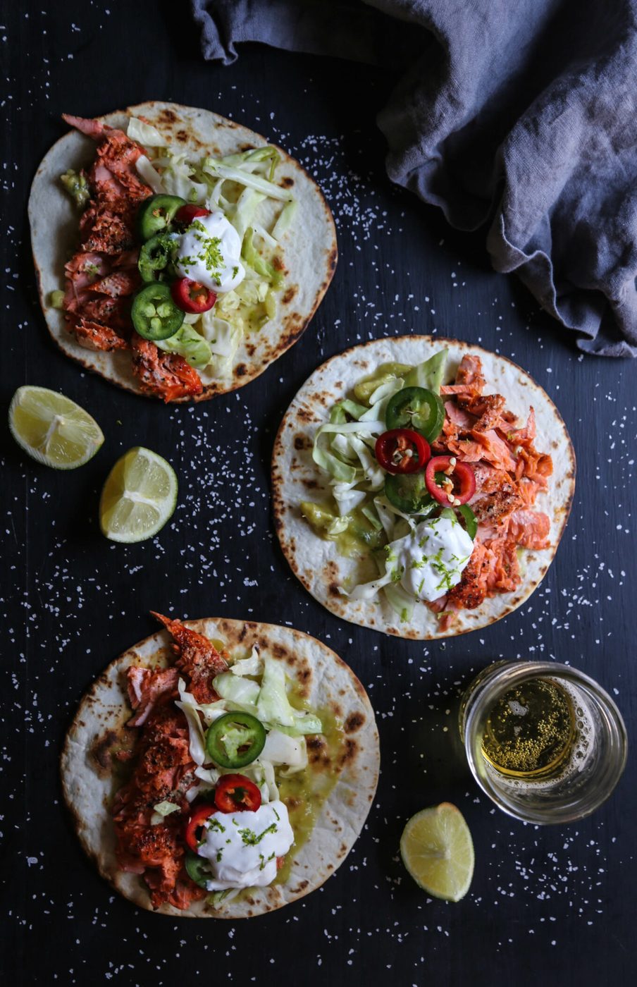 Cuban Spiced Sockeye Tacos, finished with Lime Crema