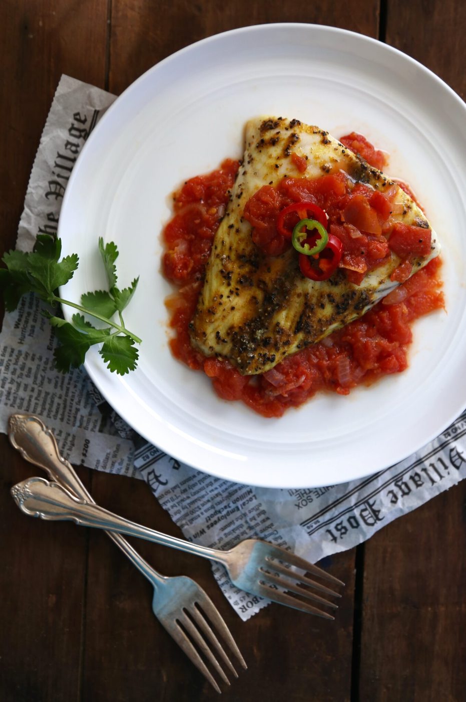 Tomato-ginger sauce on curry spiced barramundi