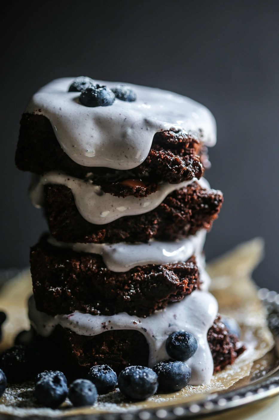 Dark Chocolate Brownies, finished with Blueberry Marshmallow Frosting