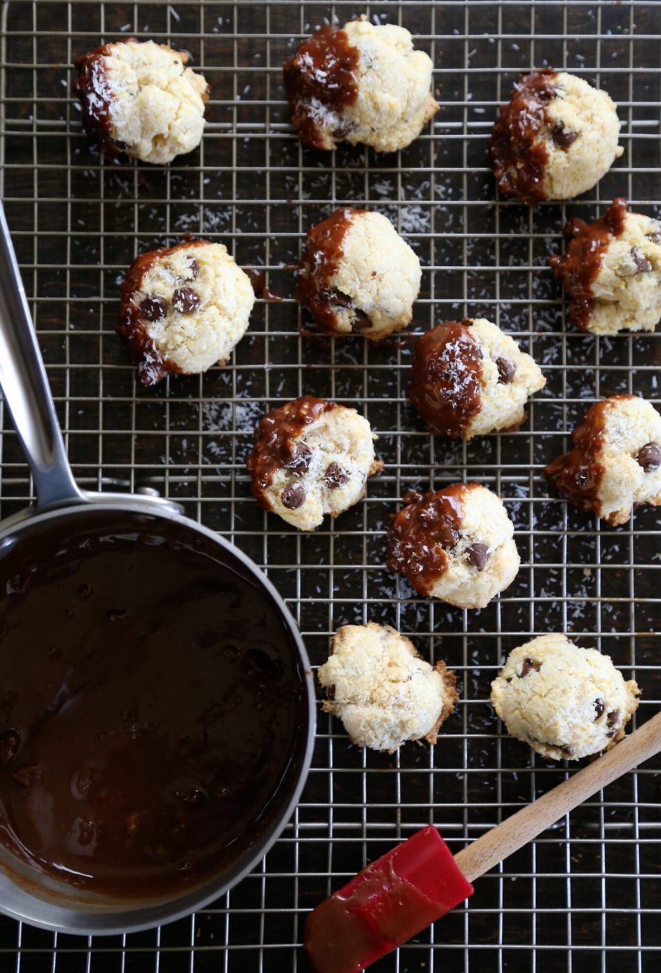 dark chocolate coconut biscotti bites with cadbury creme ganache