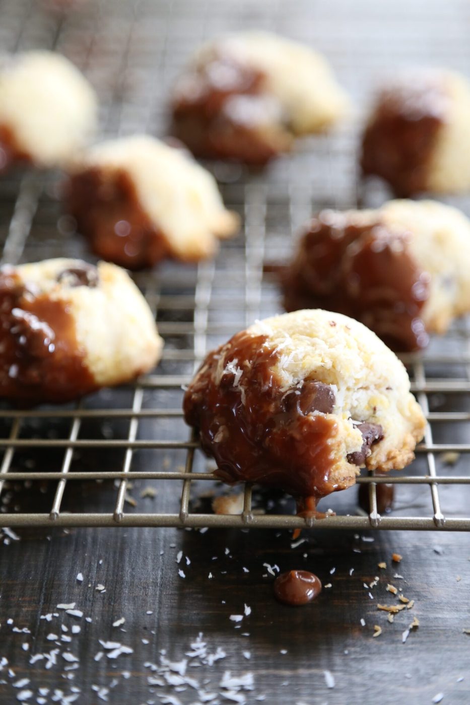 Cadbury creme ganache on dark chocolate coconut biscotti bites