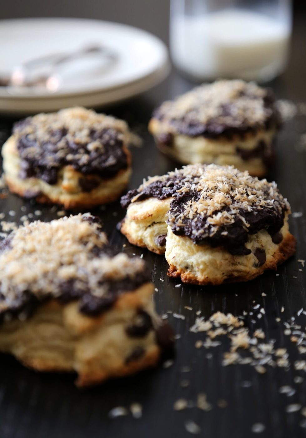 dark chocolate heart scones with chocolate ganache & toasted coconut