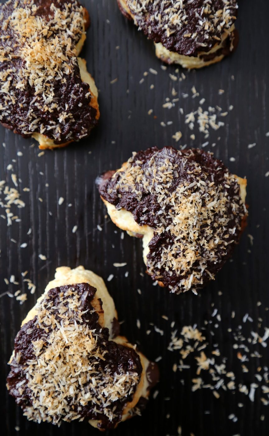 dark chocolate heart scones with chocolate ganache & toasted coconut