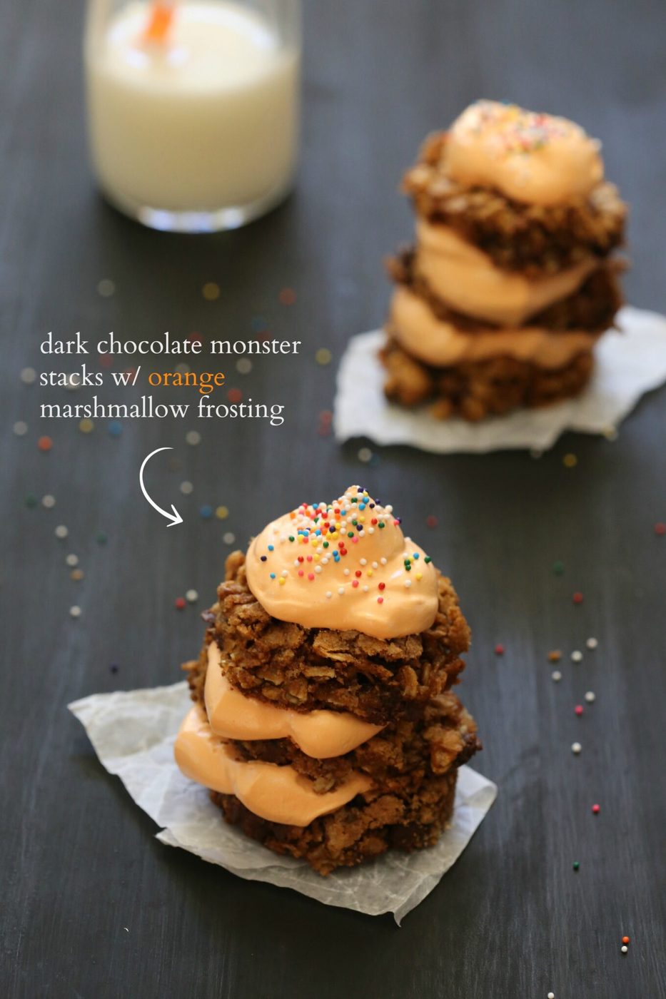 Orange marshmallow frosting on dark chocolate monster stacks