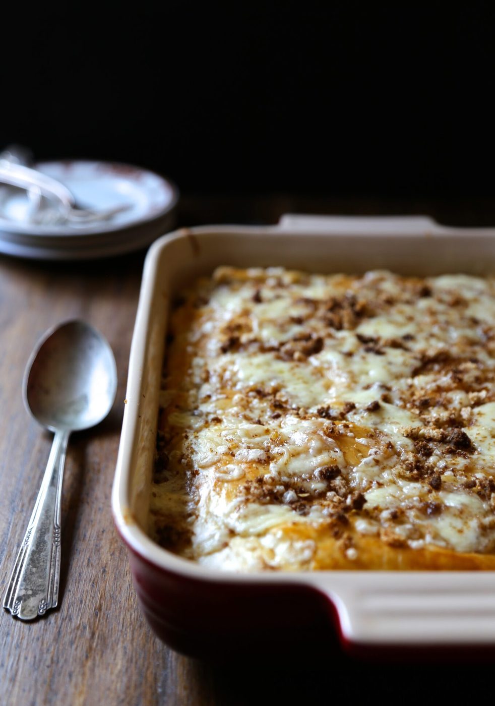 Double layered puff pastry reuben casserole, finished with brown butter rye breadcrumbs