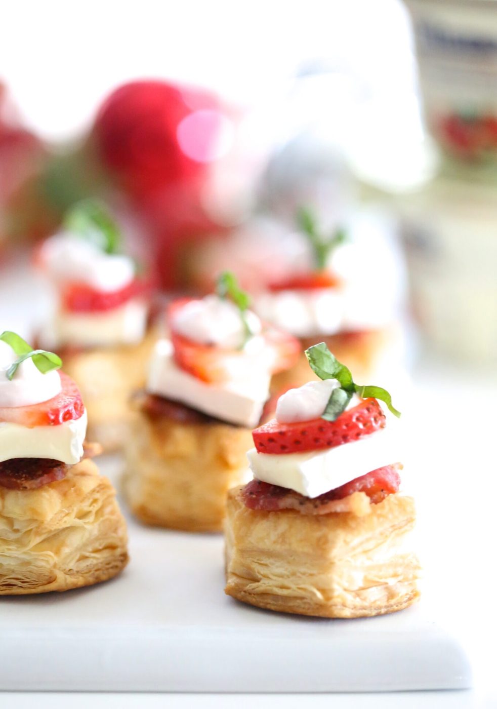 Brie, Bacon, & Strawberry Greek Yogurt Puff Pastry Bites with Fresh Basil www.climbinggriermountain.com