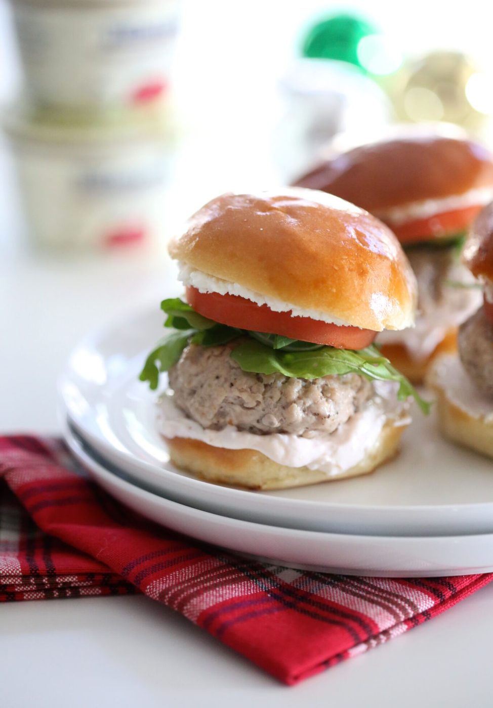 Duck fat pork sliders, finished with raspberry greek yogurt & goat cheese