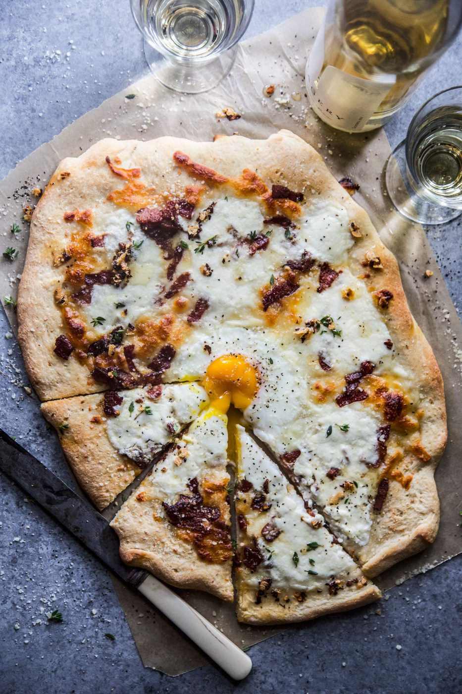 Simple Carbonara Pizza, finished with Burrata