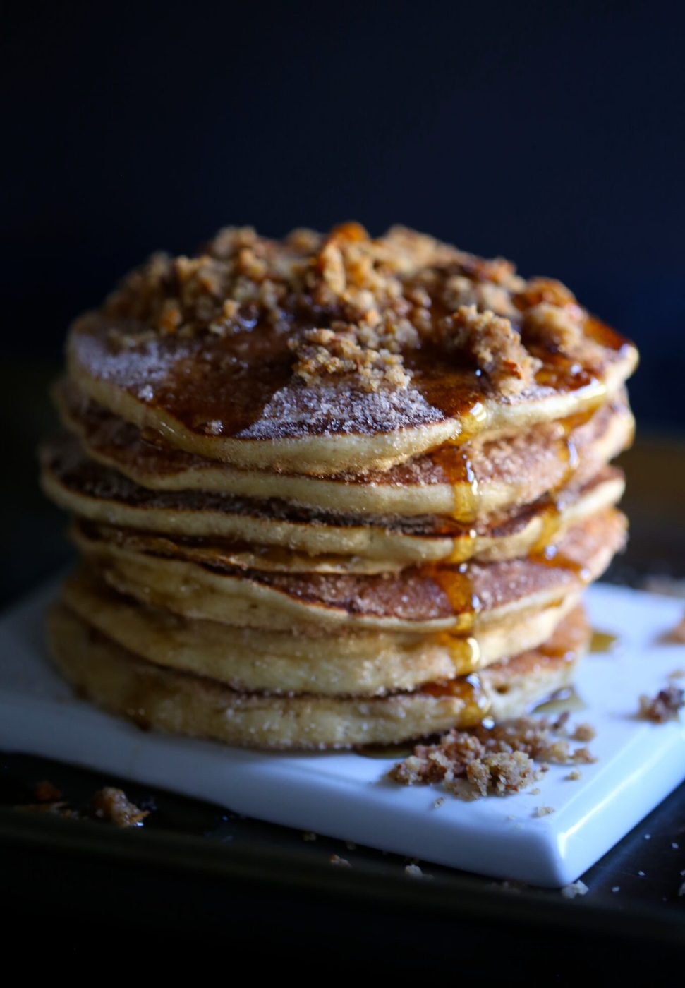 Sweet potato chip streusel on simple churro pancakes